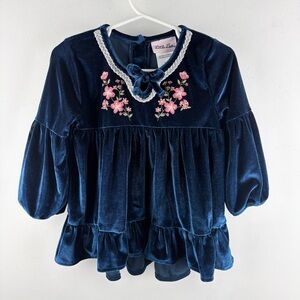 Vintage Little Lass Velvet Dress Blue Navy Floral Bow 24 Months Easter Fancy